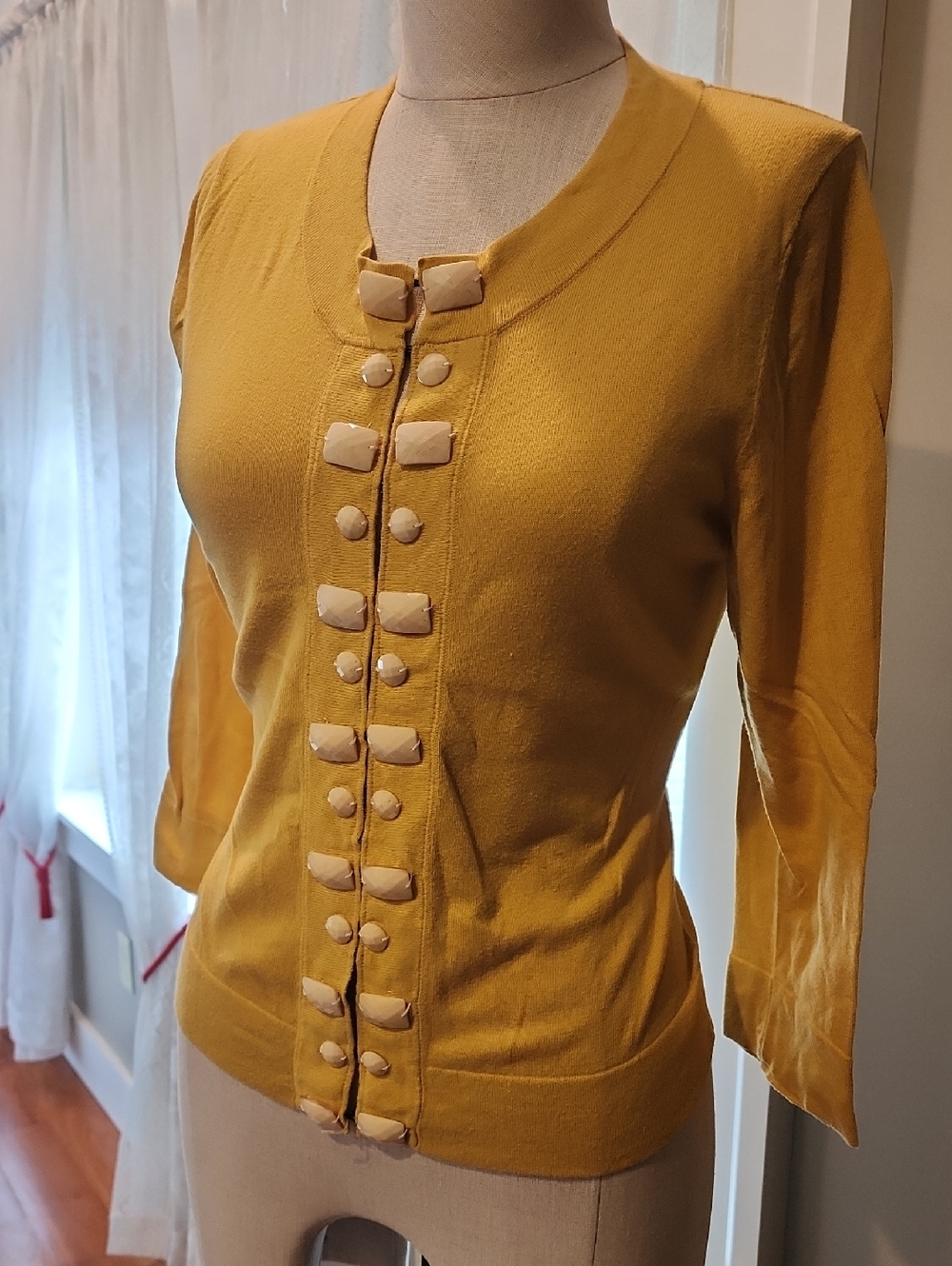 Banana Republic Mustard Yellow Cardigan Top with Cream Embellishment